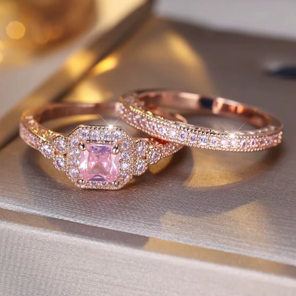 NEW 14k Rose Gold Pink Sapphire Diamond Ring Set of 2 Stackable Rings